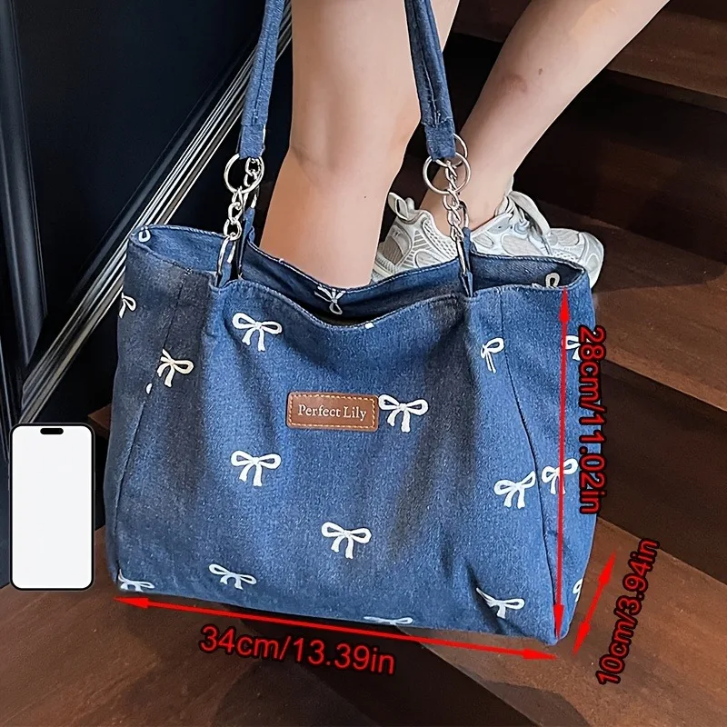 Women's Casual Tote Bag with Fixed Chain Strap & Bow Embroidery Durable Zipper Closure Handbag for Daily Commute Shopping Outing