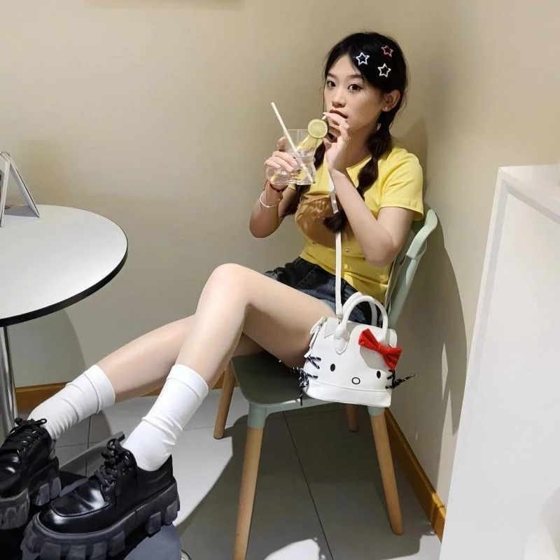 MBTI White Hello Kitty Shoulder Bag for Women Small Cartoon Leather Sweet Crossbody Bag Cute Bow Fashion Vintage Female Handbag