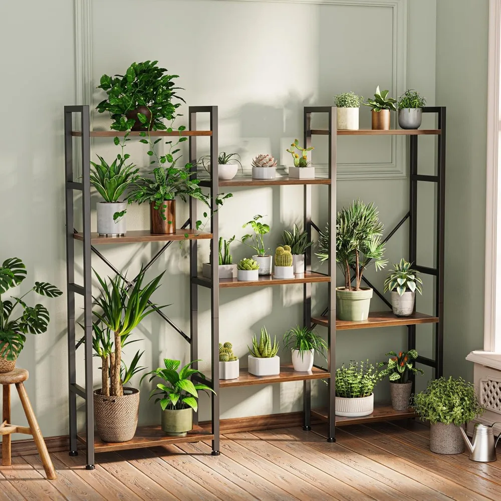 Triple 4 Tier Bookshelf, Bookcase with 11 Open Display Shelves, Wide Book Shelf Book Case for Home & Office, Rustic Brown 4