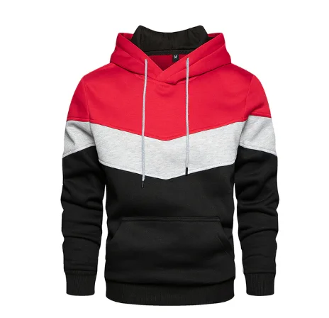 Rojo Gris Negro - Sudadera Deportiva Tricolor con Capucha y Bolsillos