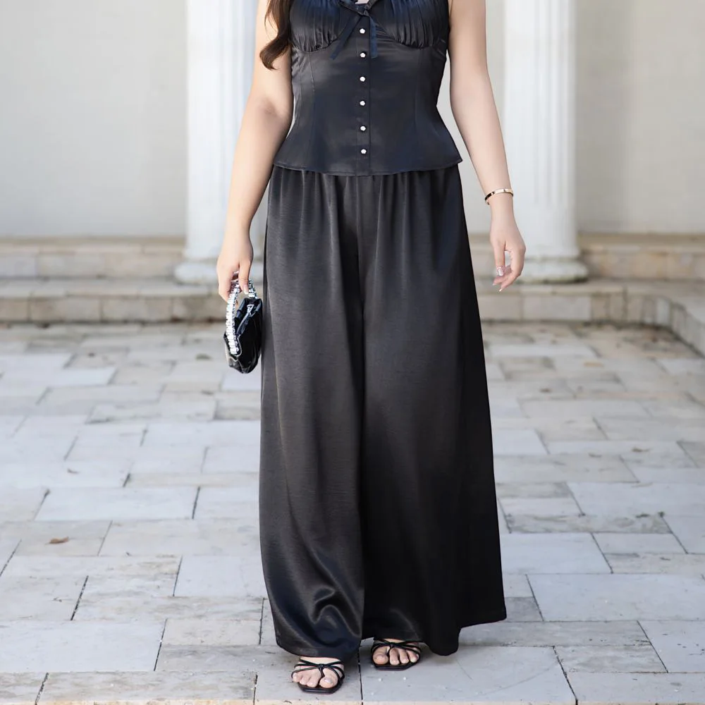 Island Drape Effect Satin Loose Casual Wide Leg Pants Premium Plus Size Women Summer Elastic Waist Long Trousers 9110