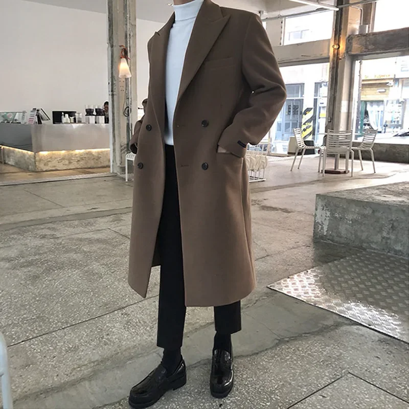 Men's Autumn Winter Mid Length Woolen Coat New Korean Tide Black Thickned Overcoat Long Sleeve Double-breasted Jackets