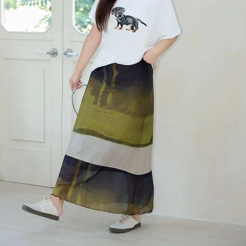 Plus Size Women's Painting Art Mesh A-Line Skirt Casual Premium High Waist Green Long Skirt Summer 2025