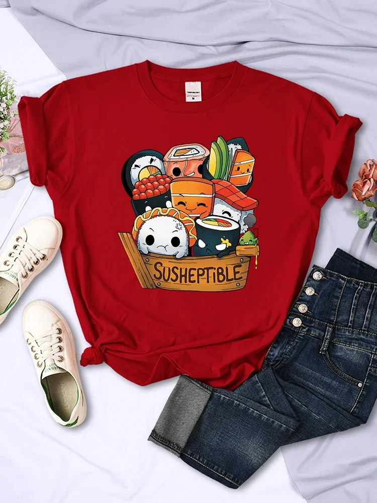 

Женские футболки Kawaii с принтом вкусной еды и суши, дышащая одежда, модные стильные футболки, летние повседневные женские футболки