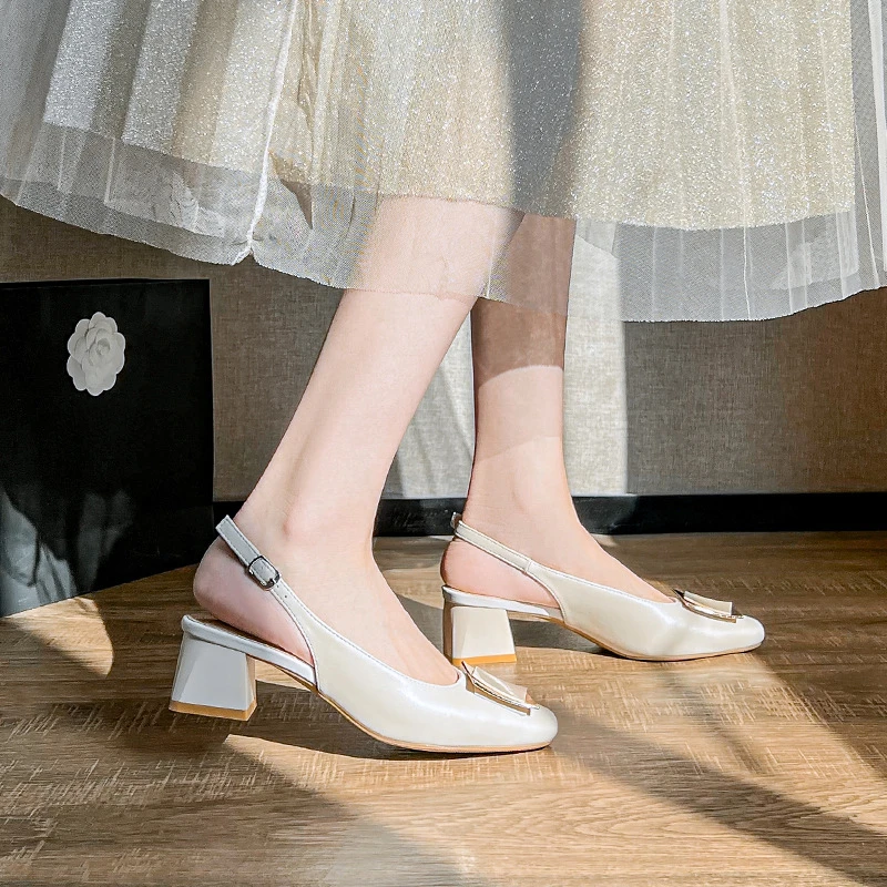 Women Genuine Leather Pumps Slingback Punk Studs Rivet Shoes Square Toe Block High-heels Nude Pump Lady 32-43