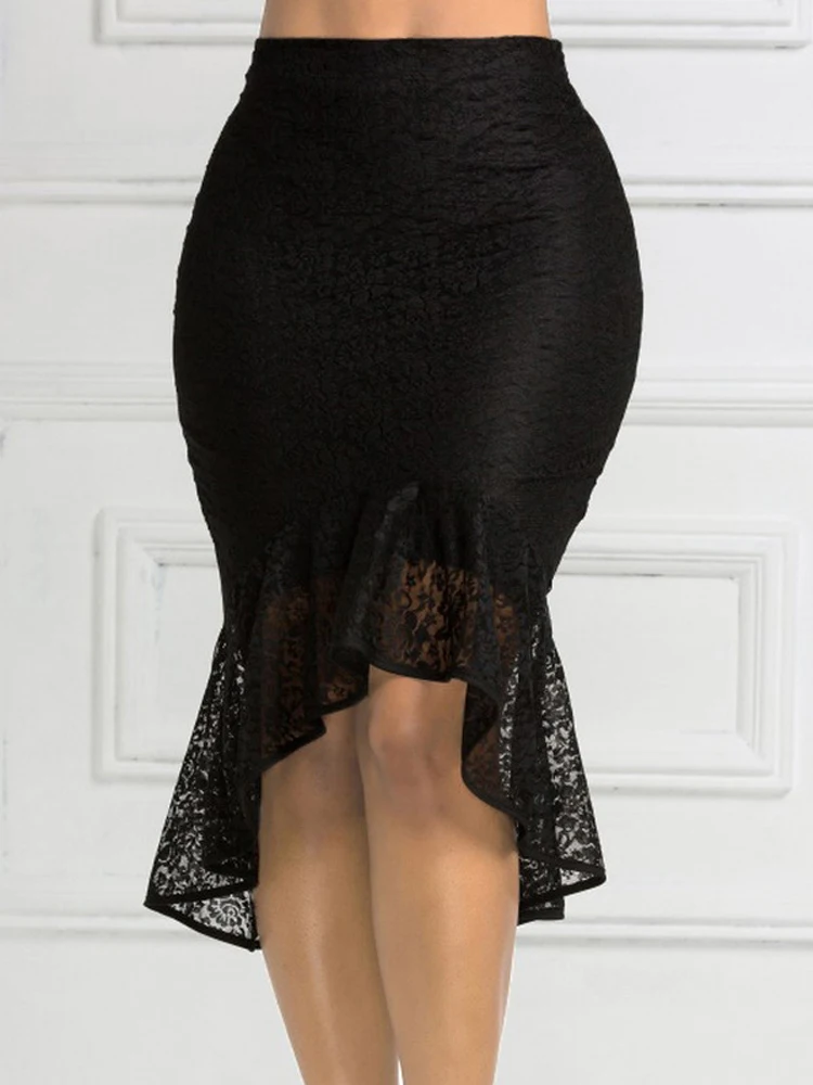 Sexy Black Lace Gothic Skirts Woman Empire Waist Elastic Retro Pencil