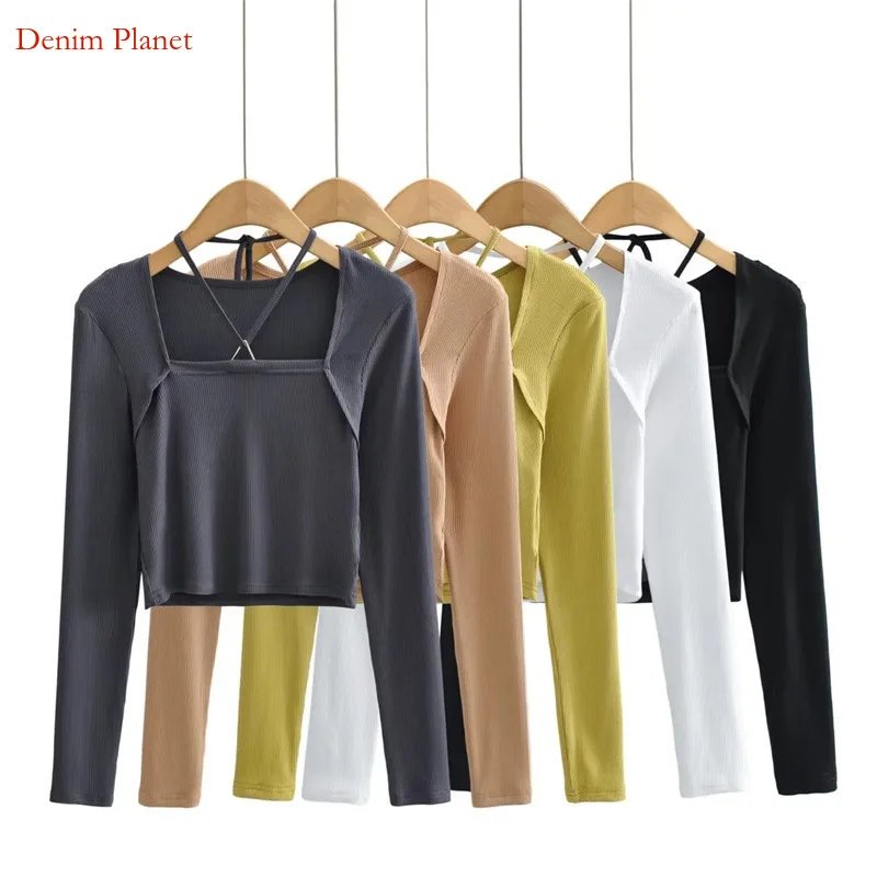 

Autumn new sweet and spicy wind hanging neck T-shirt temperament personality slim fit with fashion solid color spice girls women