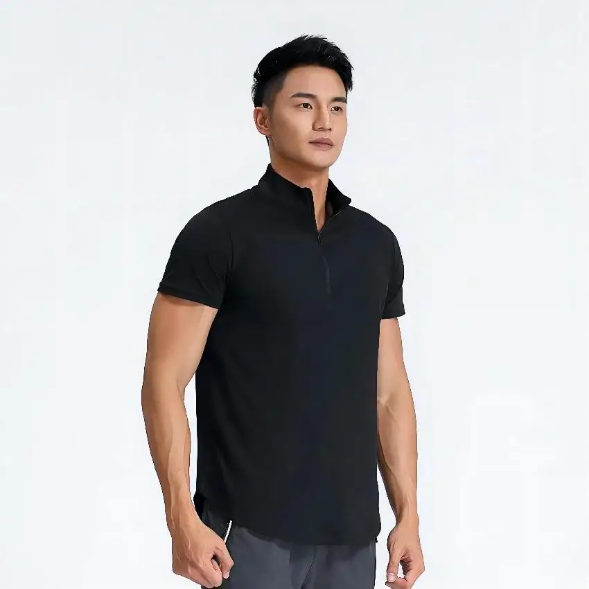 Men Short Sleeve Running Shirt Sports Outdoor Jogging Tops Gym Training Dry Fit Training Sportswear elastic Polo zipper T-shirt 3
