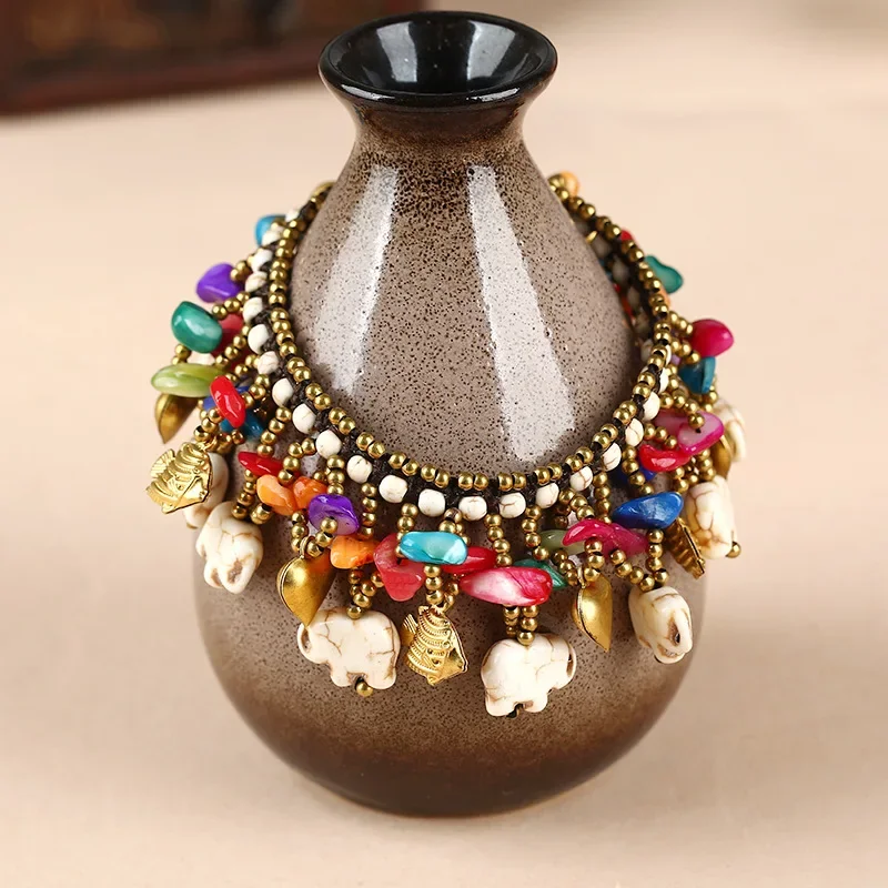 Bohemian Ethnic Style Retro Turquoise Elephant Women Bracelet Wax Rope Hand-woven Jewelry