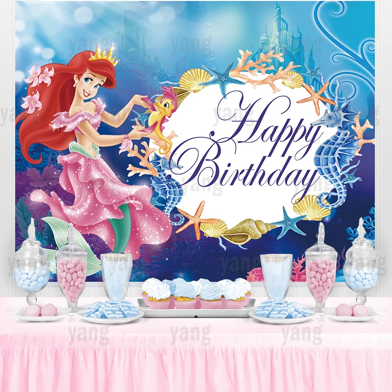 Disney Cute Little Mermaid Ariel Princess Wedding Castle Bubble Undersea Fondale Pink Girls Birthday Party Baby Shower Banner