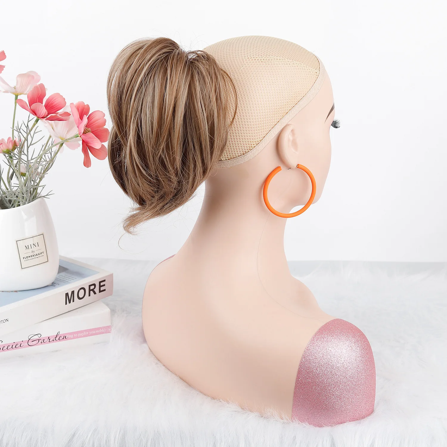 합성 메시 헤어 번 스크런치 업두 익스텐션 구리색 짧은 스트레이트 탄성 치뇽 헤어피스 여성용 데일리 웨어