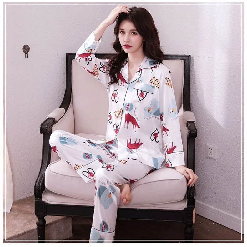 Spring Pajamas set woman Ladies Silk Satin Polyester Pajama Sets Homewear Women Casual Luxury Thin Pajamas Female Sleepwear