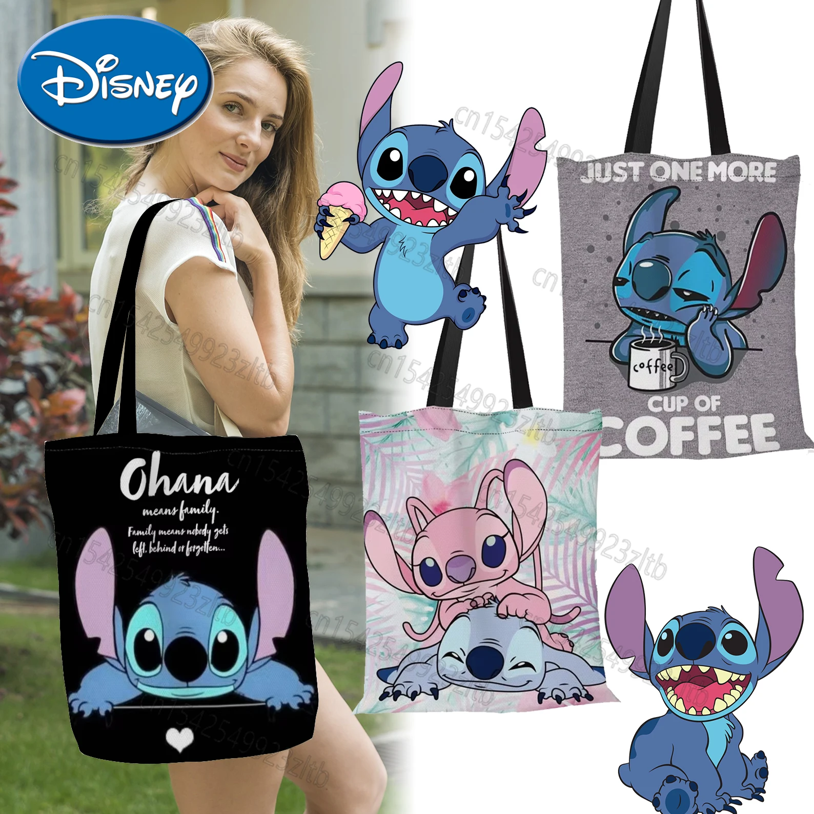 thumbnail image 2 of Bolso de hombro de lona con estampado de Disney Stitch para mujer, informal, de gran capacidad, reutilizable, 2 of 5