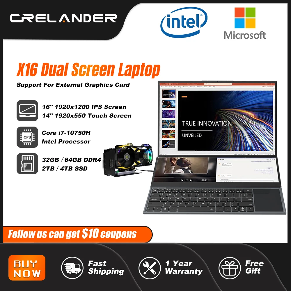Crelander Computer Portatile A Doppio Schermo 16 Pollici 14 Pollici Touch Screen Intel Core I7 10750H Computer Portatile Pc Portatile Da Gioco