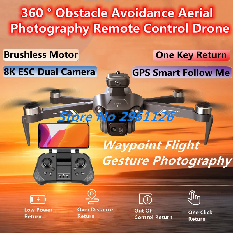 

360° Obstacle Avoidance Aerial Photography Remote Control Drone Brushless WIFI FPV GPS Follow Me 8K ESC Dual Camera RC Drone Toy
