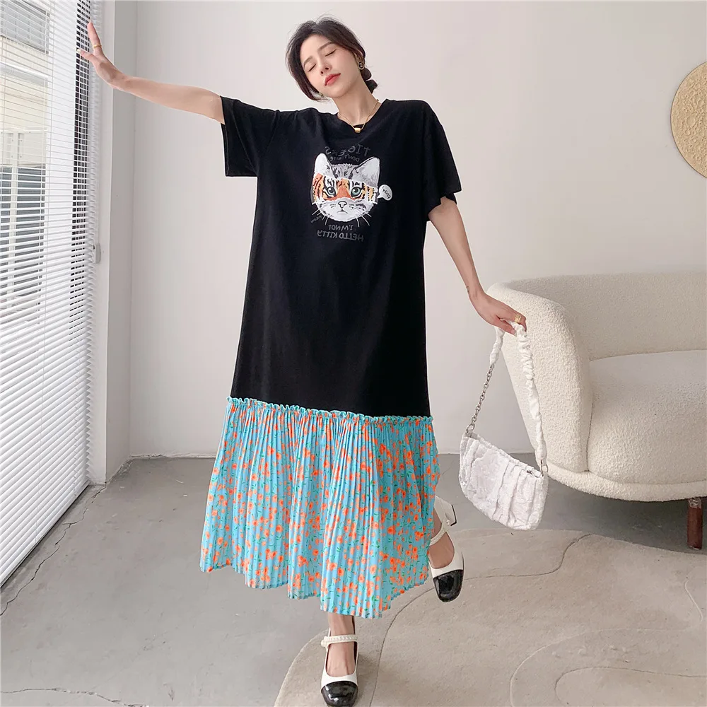 

2023 Loose Long Large Patchwork Lace Pleated Skirt Printed Short Sleeve Dress