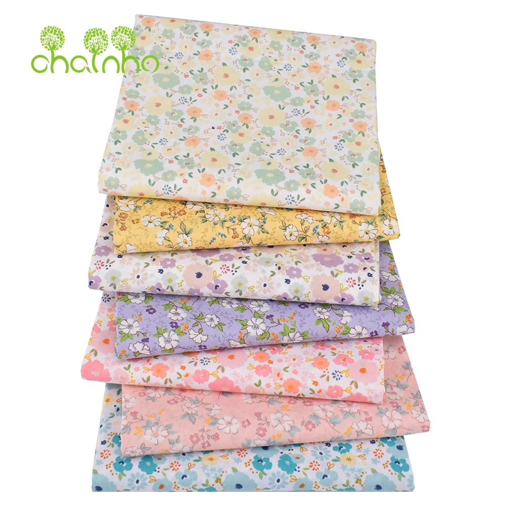 Chainho,Light Color Floral Printed Plain Poplin Cotton Fabric,DIY Sewing Quilting Material For Baby&Children's Shirt,Skirt,Dress