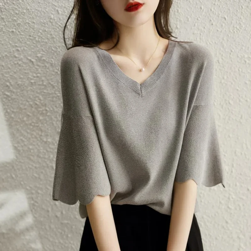 Women's Short Sleeve V-Neck Knitting Shirt, Casual Loose Tops, Ice Silk Blouse, Gray Lady Clothes, New, 14799