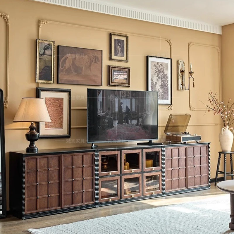 French Display Solid Wood TV Stand Exposed Frame Modular Storage Mid Century Modern Vintage Floor Cabinet Living Room Furniture