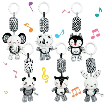 Stroller Bed Crib Hanging Bell Plush Doll Baby Infant Rattles Newborn Black White Visual Grab Ability Training Toy for Bebe Gift 1