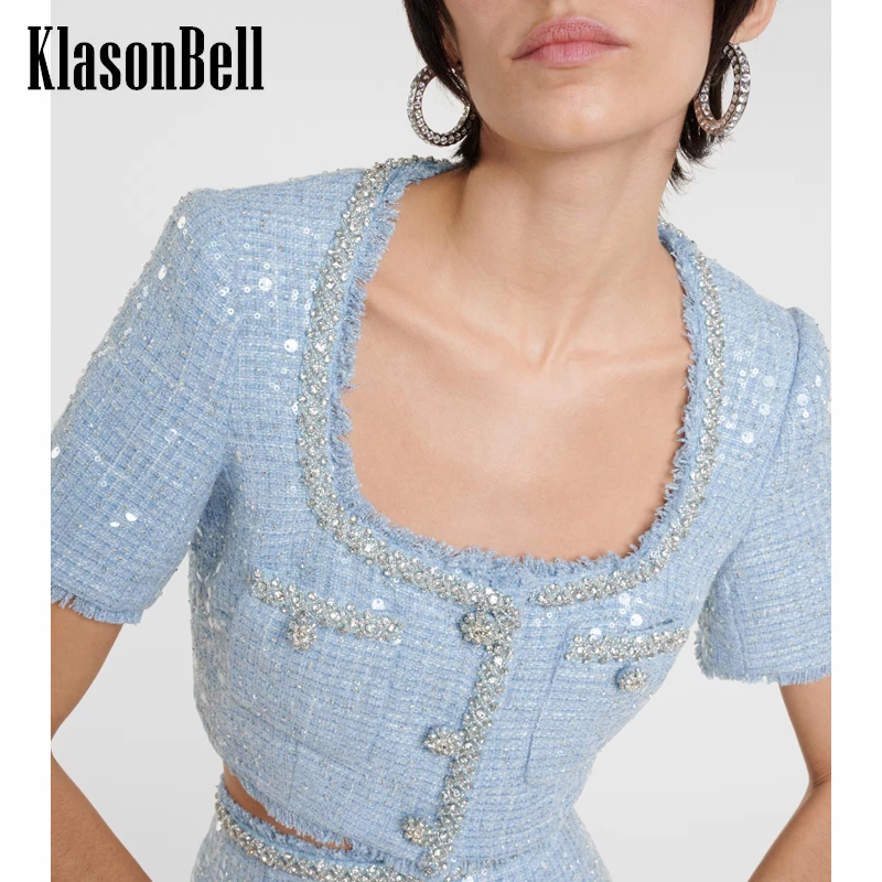 

1.5 KlasonBell Luxury Fashion Bling Sequins Diamonds Beading U-Neck Tassel Short Sleeve Tweed Jacket Women 2024 Spring New