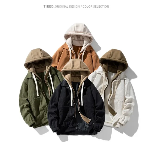 Autumn and Winter New Men's Hooded Fake Two Piece Jacket Trendy Versatile Loose Jacket Thick Korean Fashion - Image 5