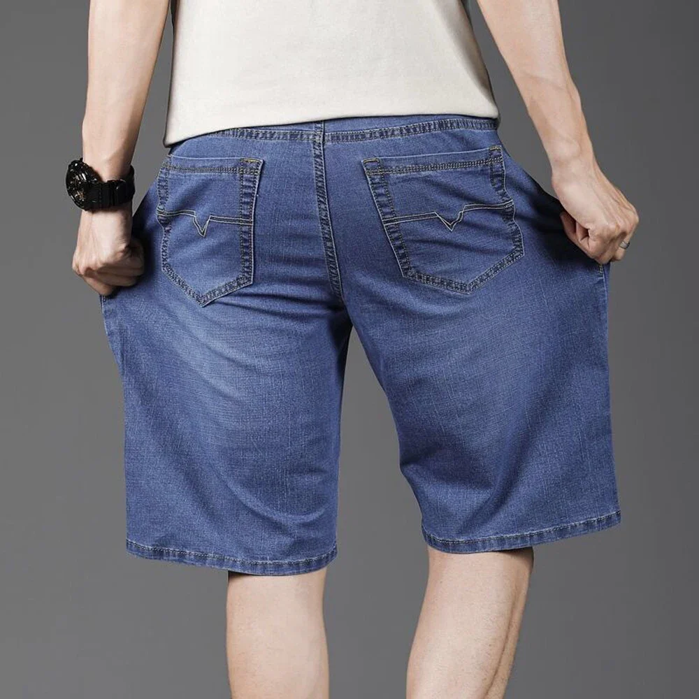 New Summer Men's Denim Shorts Fashion Solid Color Casual Loose Multi-pocket Straight Five-minute Pants Elastic Knee Shorts