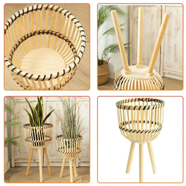 Macetas tejidas con soporte, macetas tejidas de mimbre de ratán, soporte de  bambú para plantas, maceta de madera para sala de estar interior