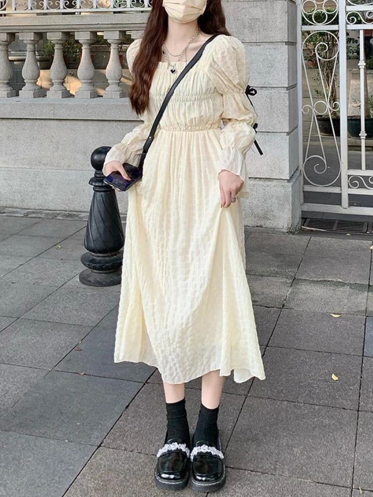 

Deeptown Y2k Fairycore Beige Midi Tunic Dress Women Korean Fashion Elegant Ruffles Folds Long Flare Sleeve Corset Dresses Female