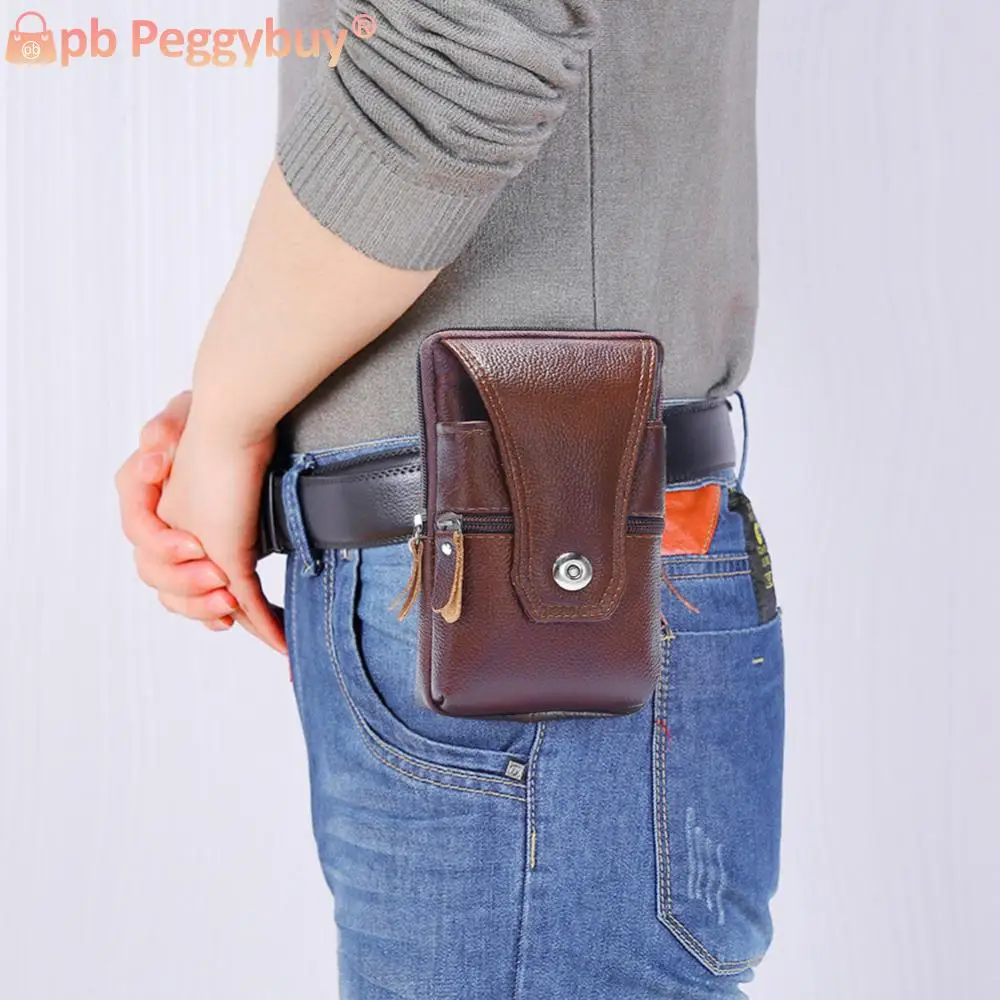 Portable Genuine Leather Fanny Waist Packs Men Casual Classic Texture Creative Design Chic Fanny Bum Bag Mobile Phone Pouch
