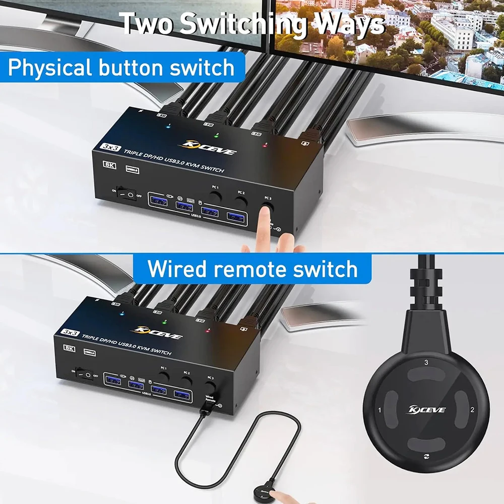 Latest HDMI USB 3.0 KVM Switch 3 Monitors 3 PCs 8K@60Hz 4K@144Hz Triple Monitoring KVM Switch with 4 USB 3.0 Ports