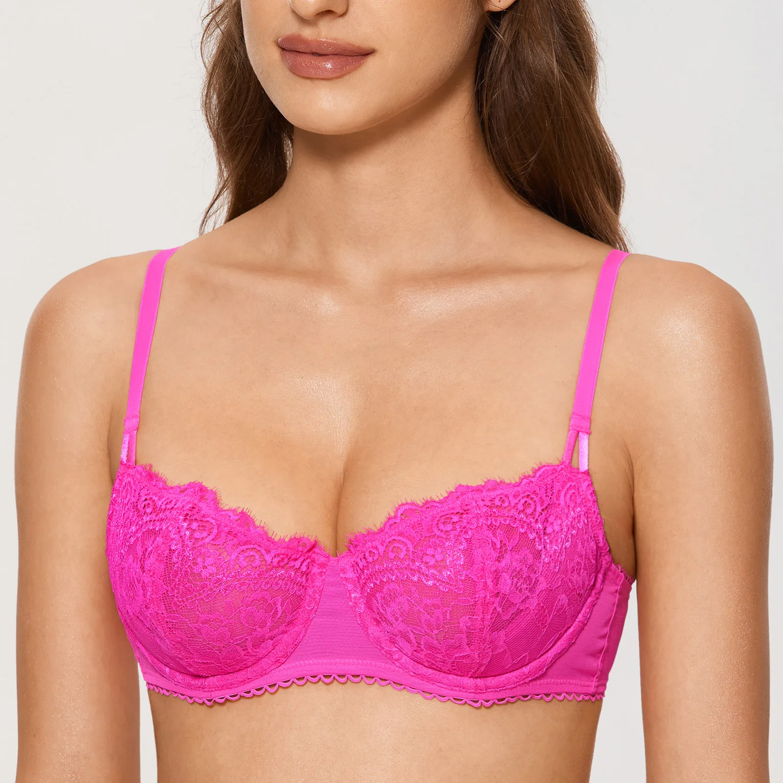 Women's Sexy Push Up Lace Bra Plus Size Sheer Balconette Underwire Unlined See Through Bralette