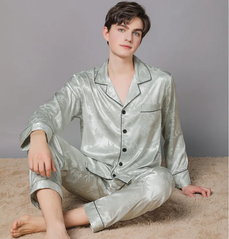 2022 New Spring and Summer Men's Silk Long-sleeved Trousers Thin Plaid Pajamas Mock Silk Men's Home Wear Men's Pajamas Pajamas silk sleepwear