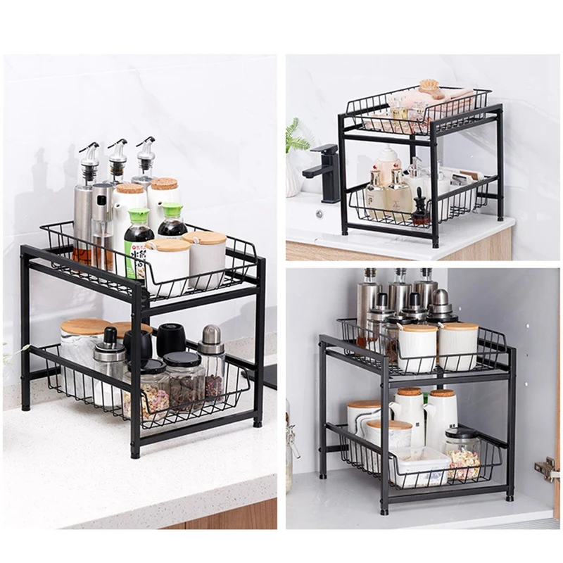 Simple Trending 2 Pack Stackable 2 Tier Under Sink Cabinet Organizer with  Sliding Storage Drawer, Black