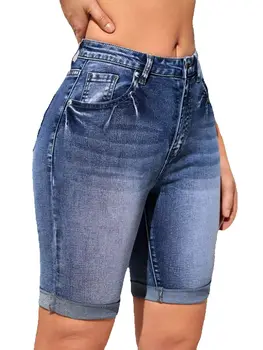 Pantaloncini di jeans arricciati a vita alta delle nuove donne estive 2025 Pantaloncini di jeans al ginocchio sottili ad alta elasticità casual alla moda 1