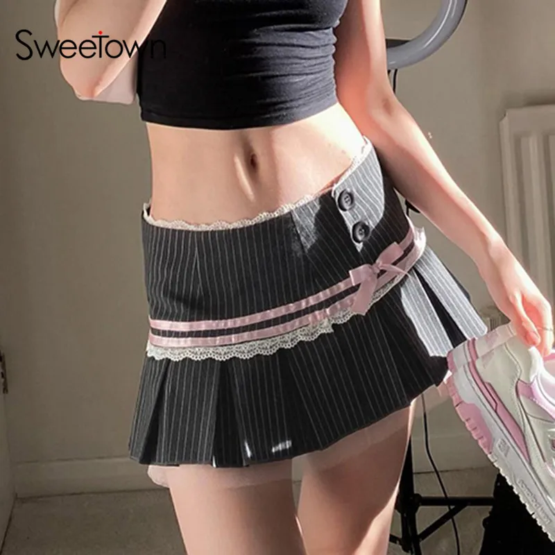 

Sweetown Contrast Lace Bow Sweet Girl Y2K Pleated Skirts Womens Button Up Low Waist Stripe Cute 2000s A Line Mini Skirt