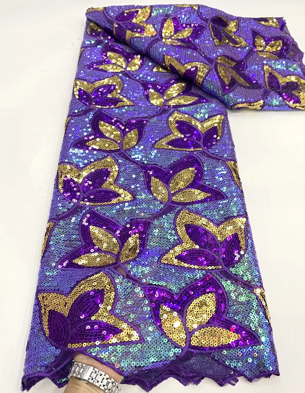 

African Sequins Lace Fabric Purple Gold 2023 High Quality Sequence Embroidery French Nigerian Lace Fabric For Wedding Party