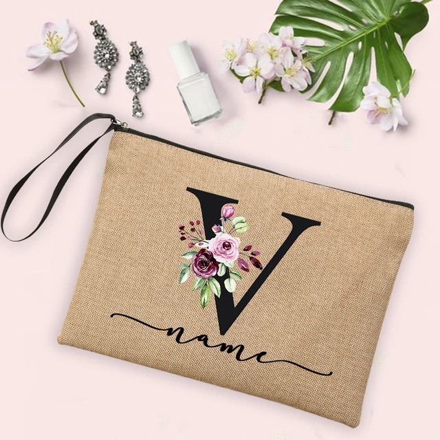 Flower Initial Letter Custom Name Cosmetic Bag Women Neceser Makeup Bag Linen Zipper Pouch Travel Toiletry Organizer Mujer Bolsa 5