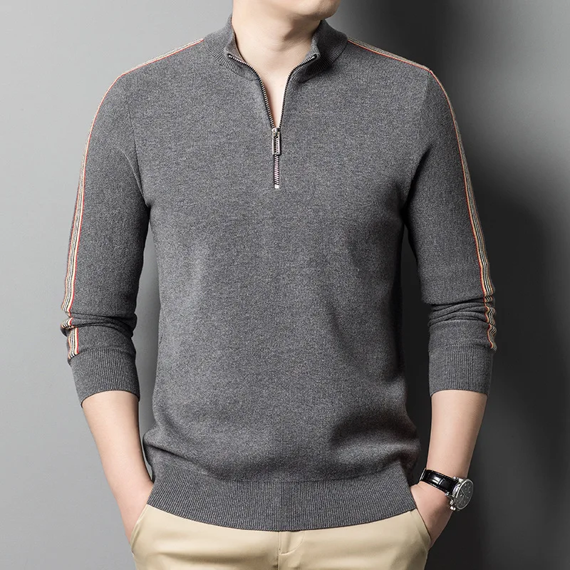 

Men's Sweater Half Zipper Solid Color Young and Middle-Aged Knitted Base Sweater Slim Fit Pullover Popular Quality Sweater