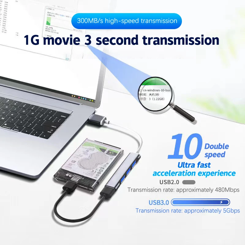 PC 컴퓨터 액세서리용 USB 3.0 허브, 고속 C타입 분배기, 멀티 포트 허브, 4 USB 3.0 2.0 포트, 5Gbps