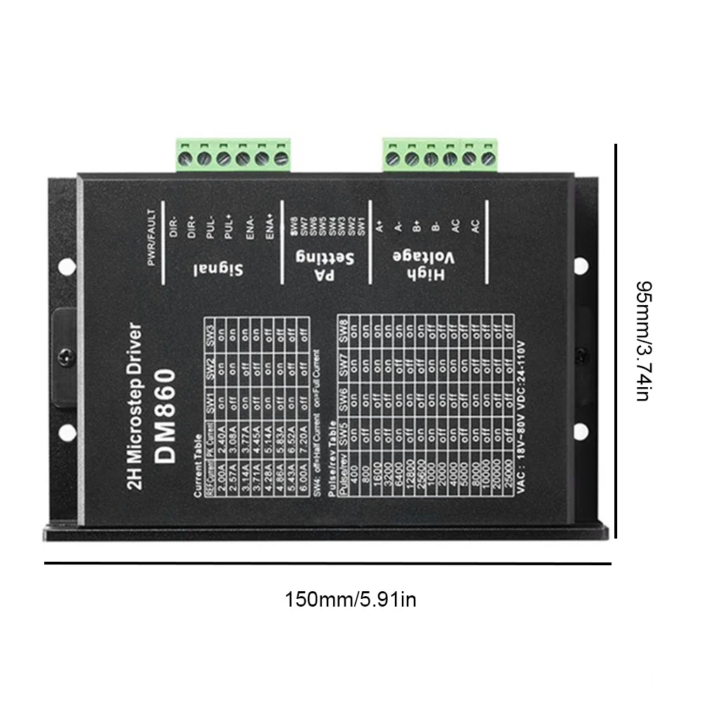 DM860H DM860 스텝퍼 모터 컨트롤러, 2 상 스텝퍼 드라이버, Nema34 스텝퍼 모터용 AC18-80V 또는 DC 24-110V 세트, 0-200kHz