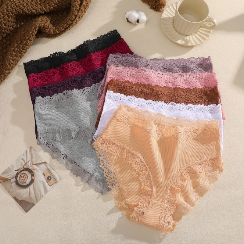 3PCS/Set Women Cotton Panties Lace Low Waist Briefs Trendy Patchwork Lace Intimate Underwear Stretch Comfortable Ladies Lingerie