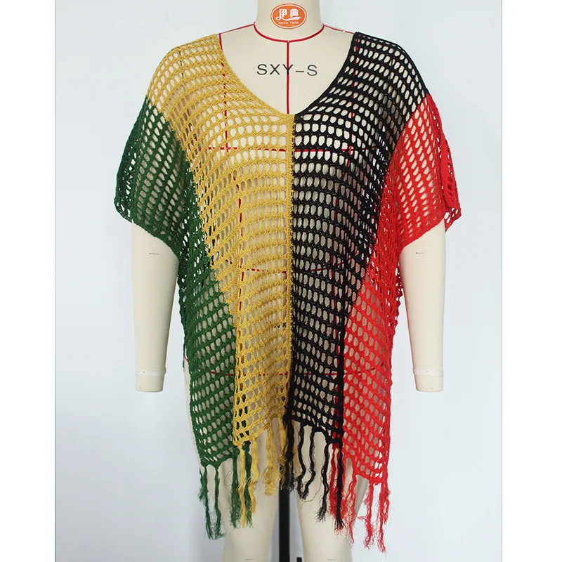 Multicolor Crochet Bikini Cover Up Tassel Women's Sexy Hollow Waist Beach Dress Season Swimsuit Beach Wear 2024 Summer