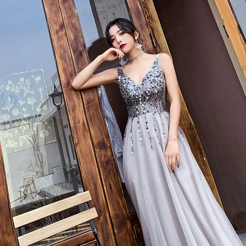 

GUXQD A Line V Neck Cap Sleeve Women Evening Dresses Sequin Bling Bling Prom Party Gowns Vestido De Festa robes de soirée