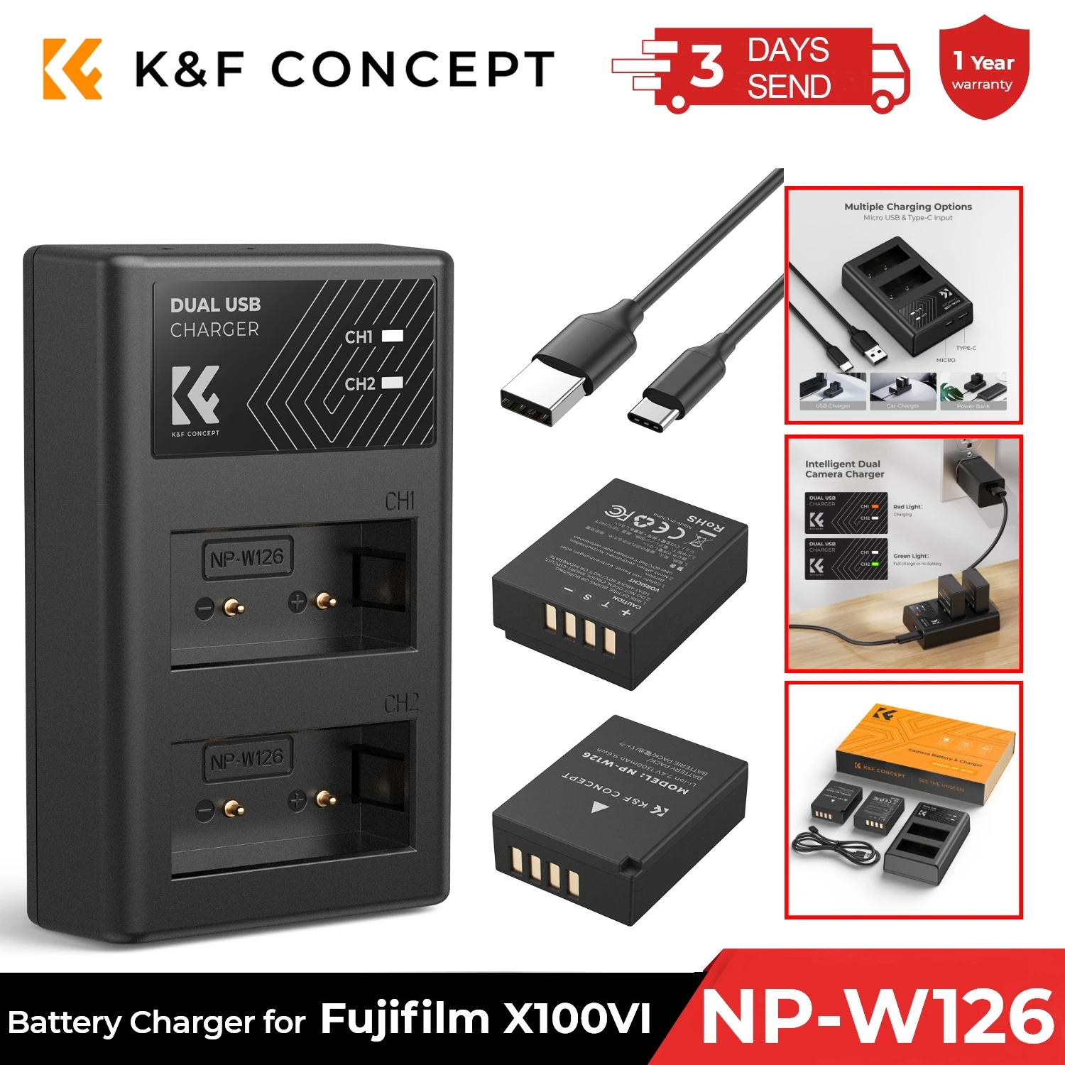 K&F Concept 1300mAh NP-W126 NP-W126S バッテリーと充電器 Fujifilm