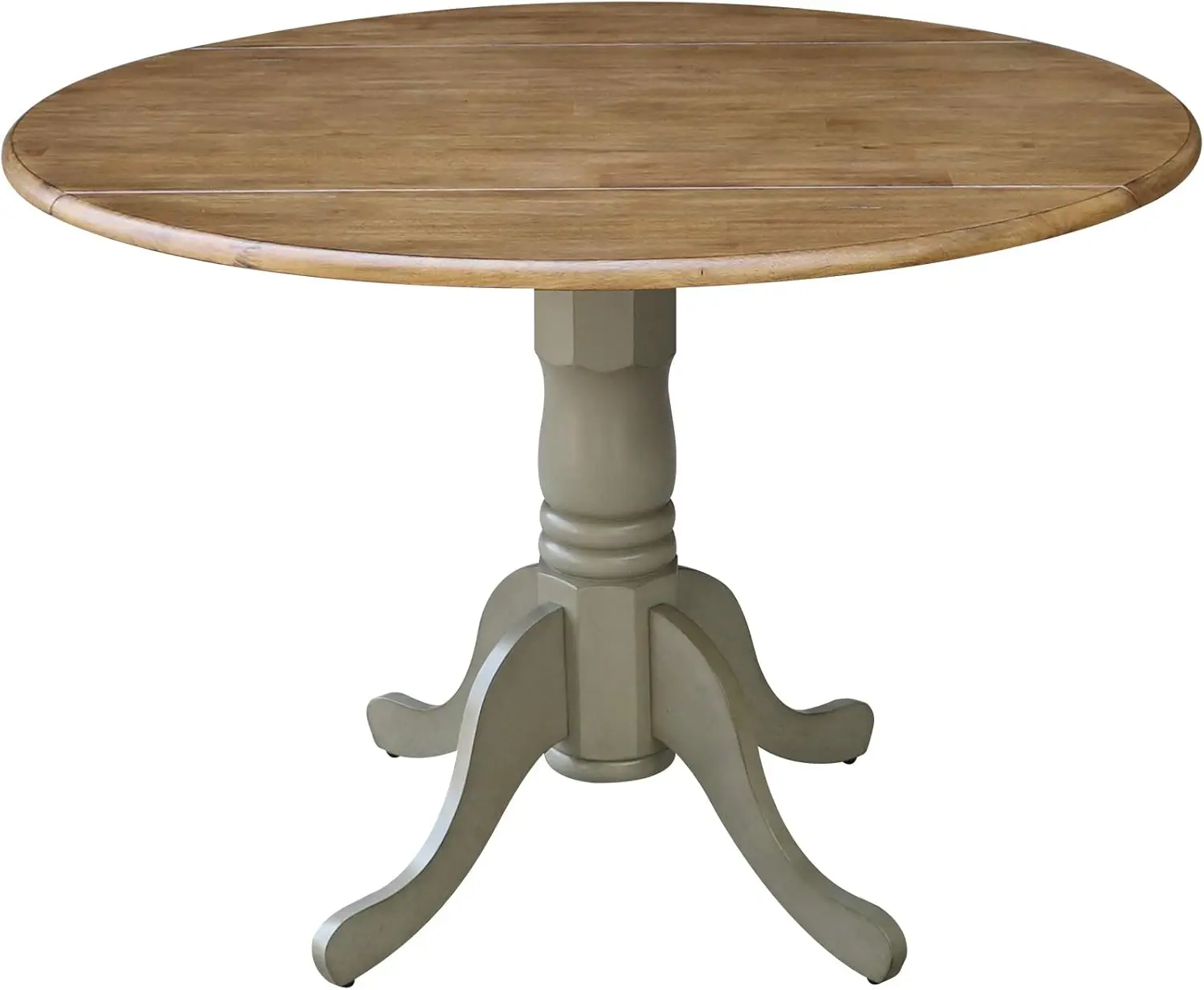 new-42" Round Dual Drop Leaf Pedestal Dining Table, Solid Real Wood, Sturdy Parawood, Distressed Hickory/Stone