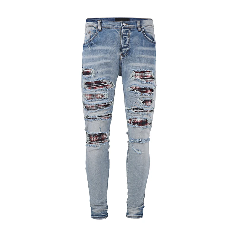 

AM Luxury Brand Men's Jeans Streetwear Skinny Ripped Checked Patchwork Lining Pants Hip Hop Stretch Slim Fit Male Trousers