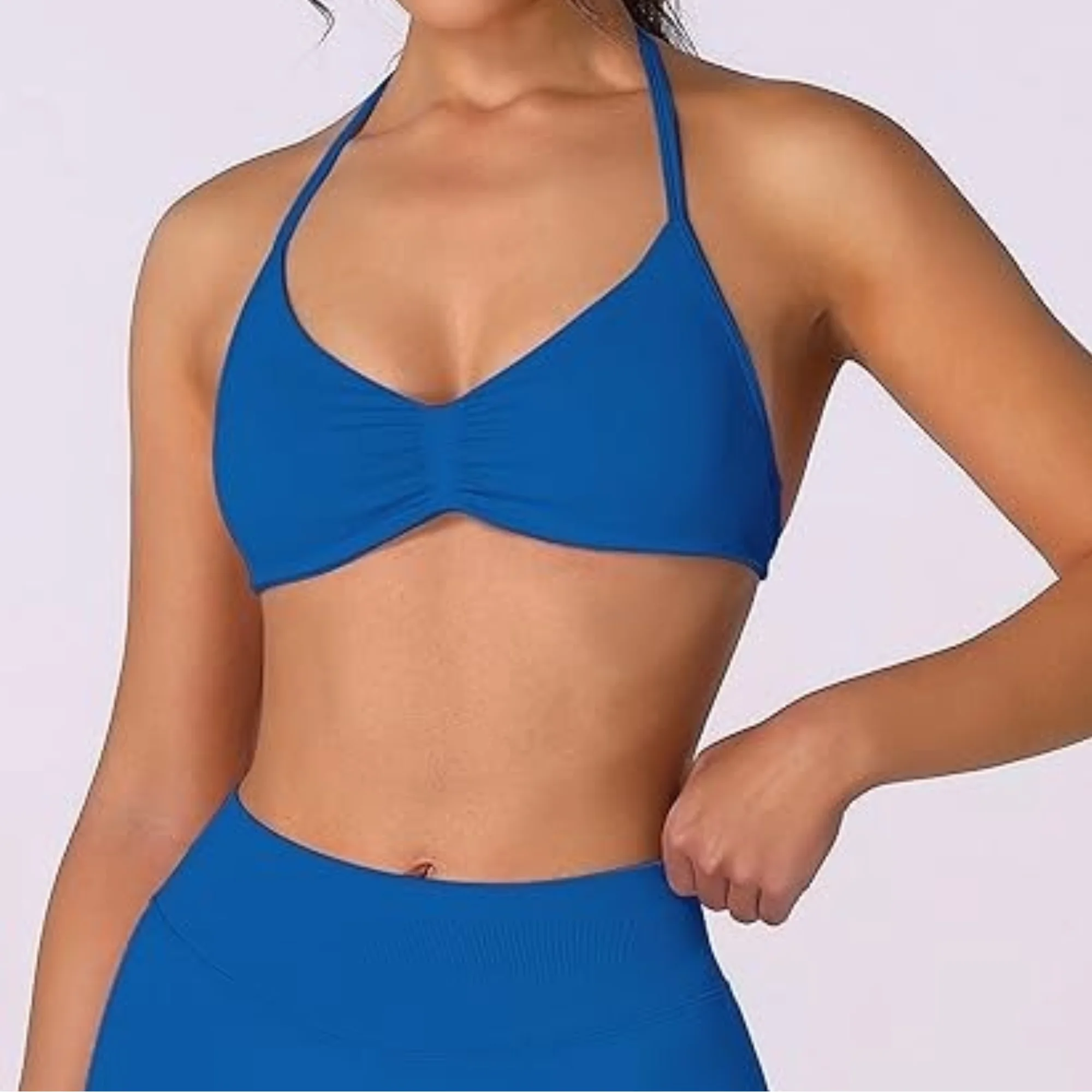 Strappy Bra Top Women High Support Thin Strap Halter Sport Seamless Bras Scrunch Workout Yoga Tank