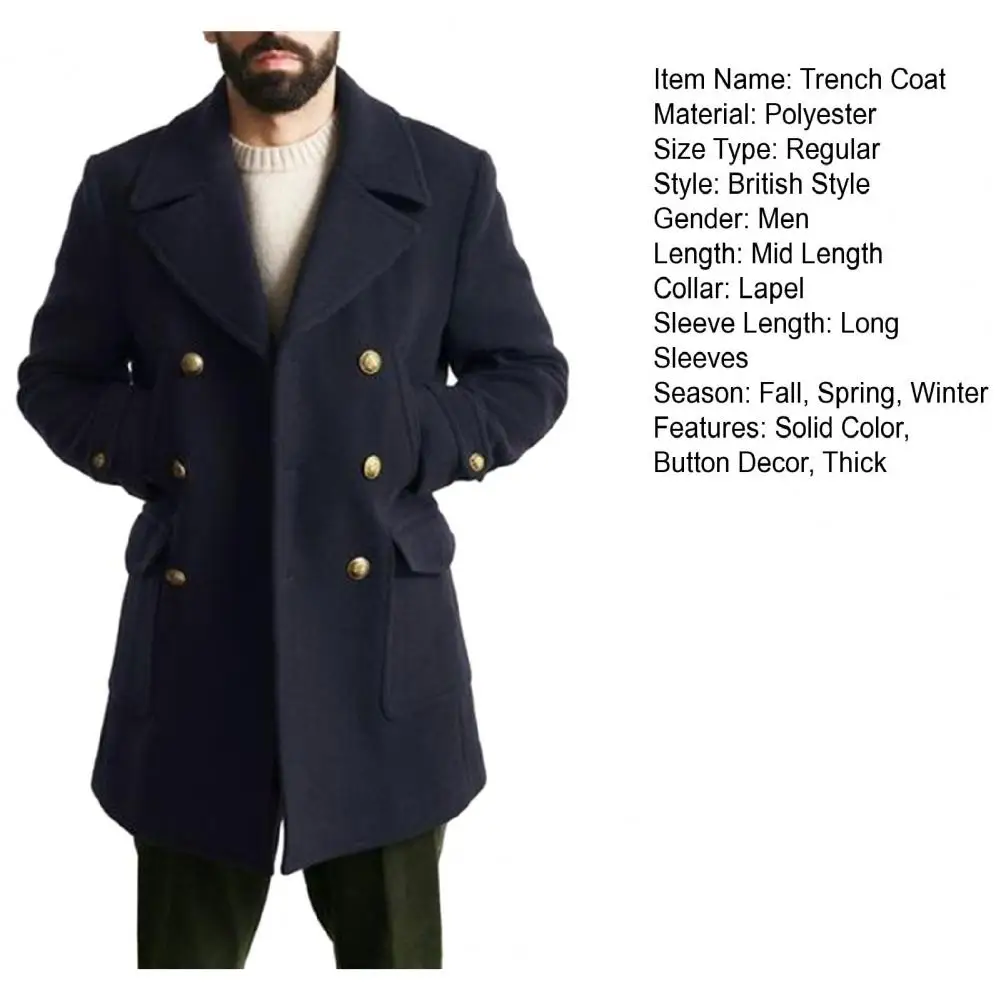 Description Picture 4 of itemMen Formal Coat Solid Color Windbreaker British Style Double-breasted Trench Coat with Notch Collar Pockets for Men for Fall