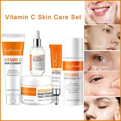 Vitamin C Face Care Set 5PCS Fade Melanin Serum Brightening Moisturizing Cream Deep Cleaning Toner Facial Skincare Kits
